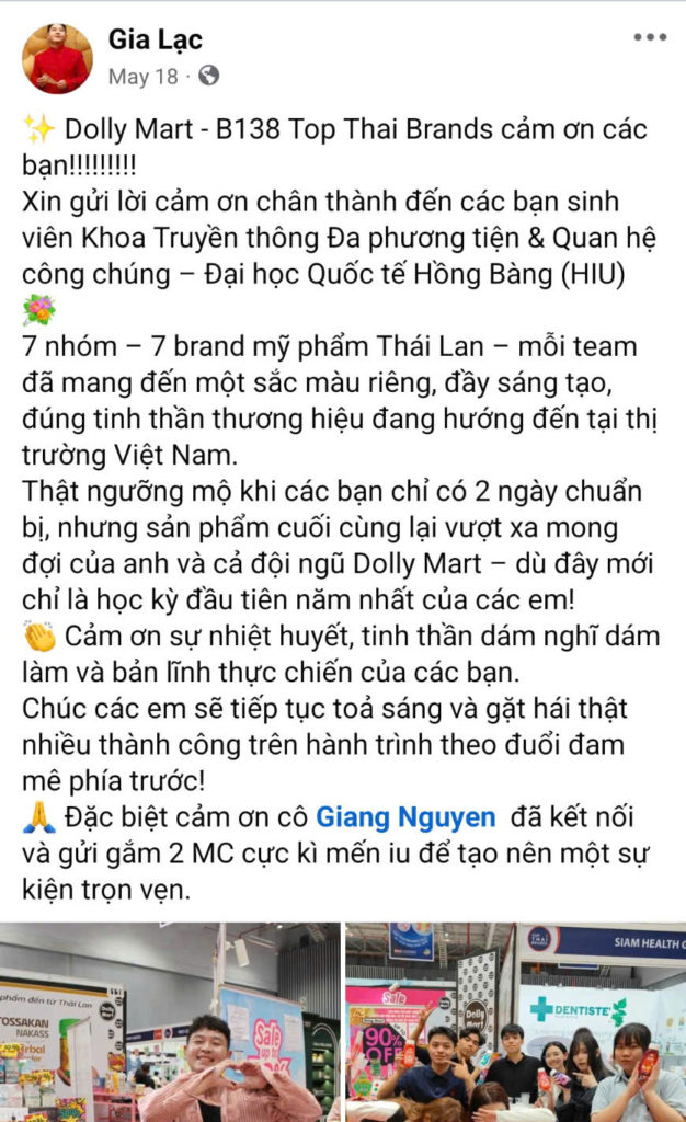 Đại diện Dolly Mart - CEO Ngô Đình Đông (nickname Gia Lạc) gửi lời cám ơn đến cô giáo và các bạn sinh viên HIU