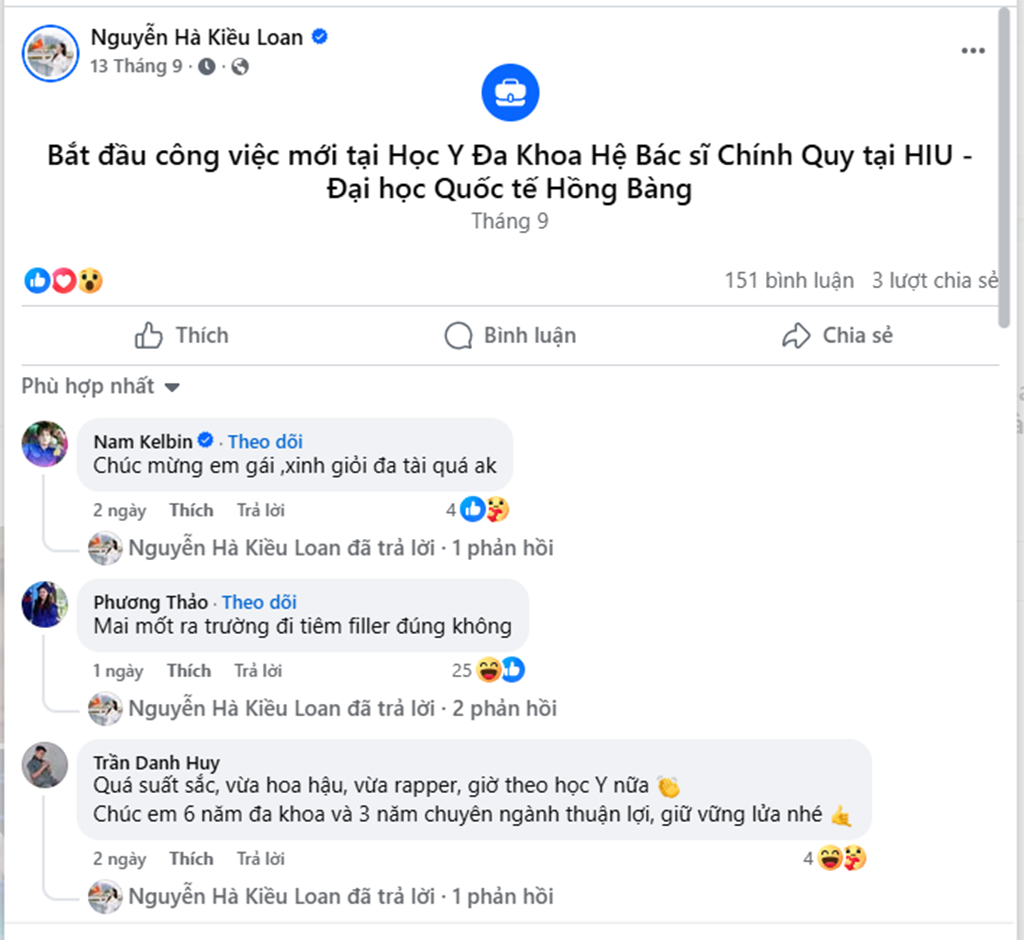 Cập nhật trạng thái mới nhất trên trang Facebook cá nhân chính thức của Á hậu Kiều Loan