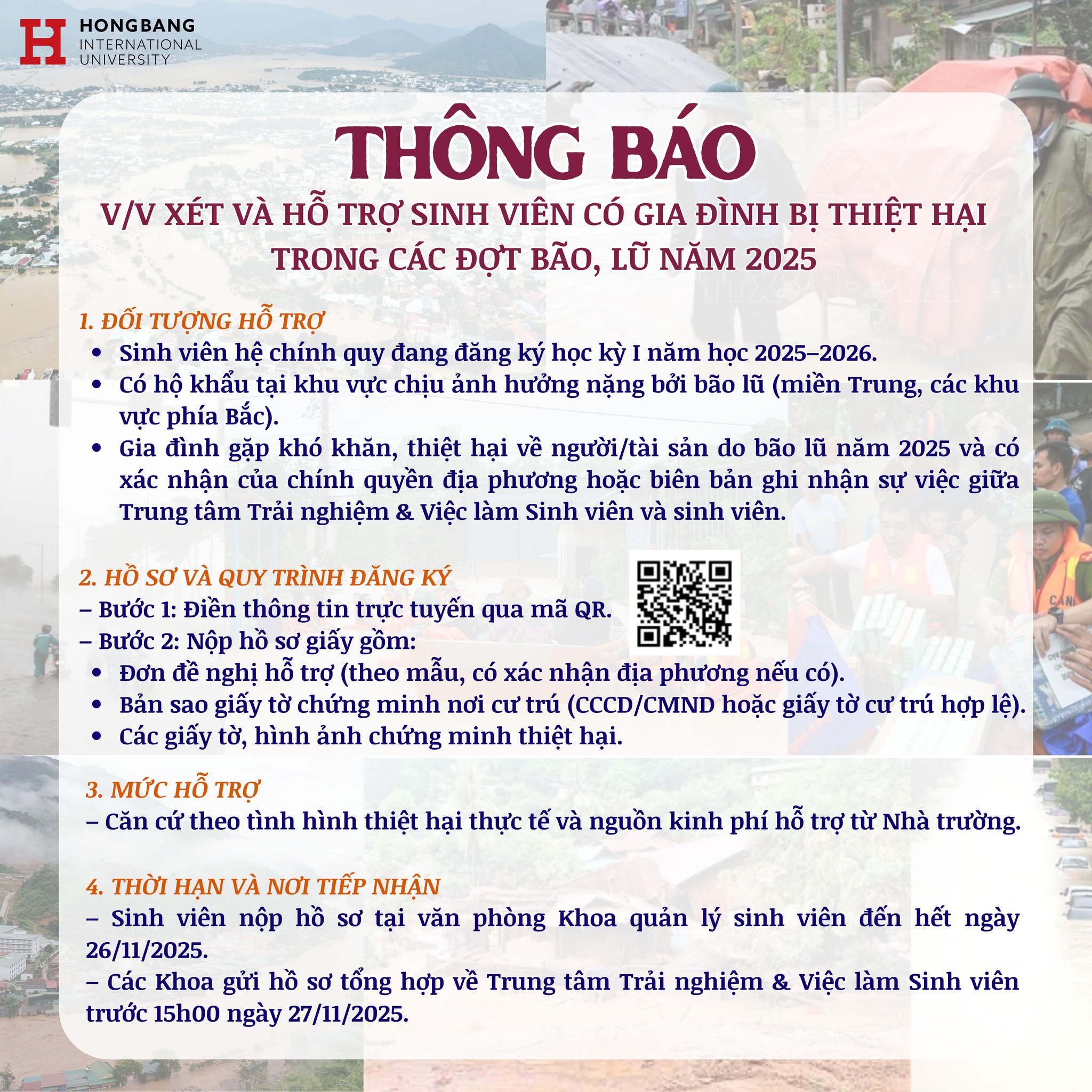 THÔNG BÁO VỀ VIỆC XÉT & HỖ TRỢ SINH VIÊN CÓ GIA ĐÌNH BỊ THIỆT HẠI TRONG CÁC ĐỢT BÃO, LŨ NĂM 2025