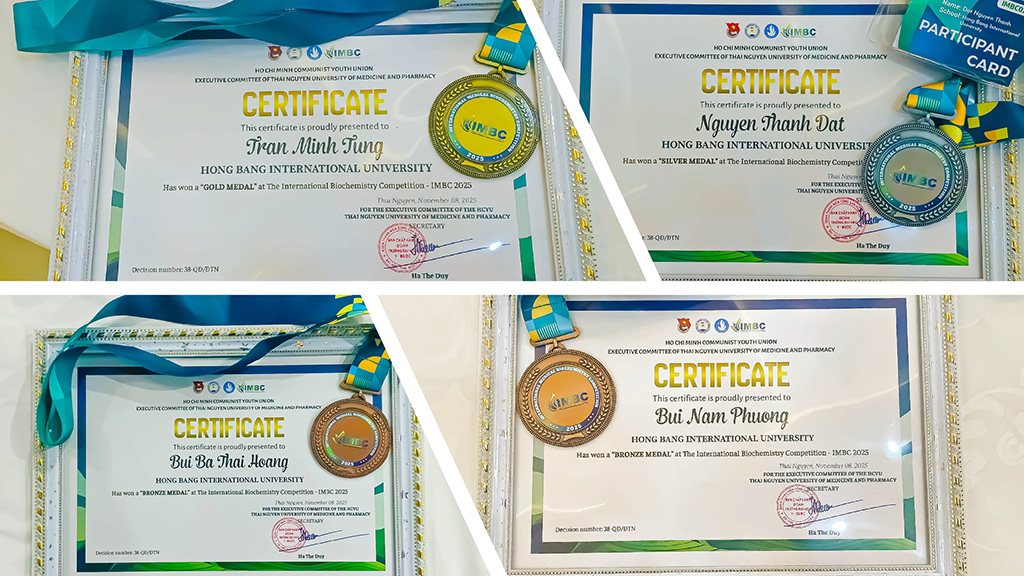 Bộ bốn Huy Chương Vàng - Bạc - Đồng sinh viên Khoa Y HIU giành được tại International Medical Biochemistry Competition 2025 (IMBC 2025)